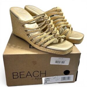 Beach by Matisse Laney Gold Rattan Wedge Sandal Women Size 9 Braided Raffia